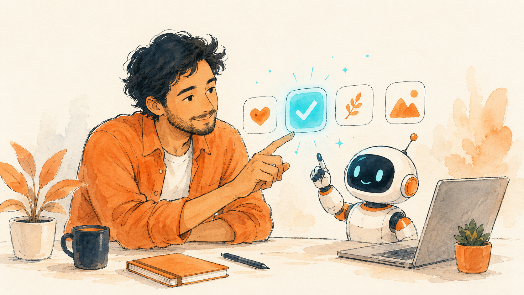 A person and a small robot choosing among soft app tiles with a checkmark
