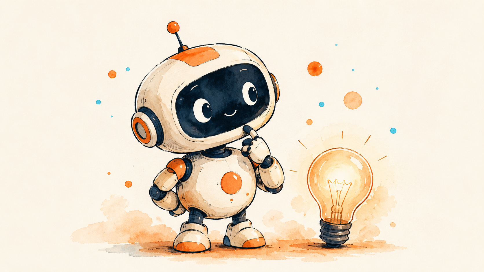 A friendly robot tilting its head beside a glowing lightbulb