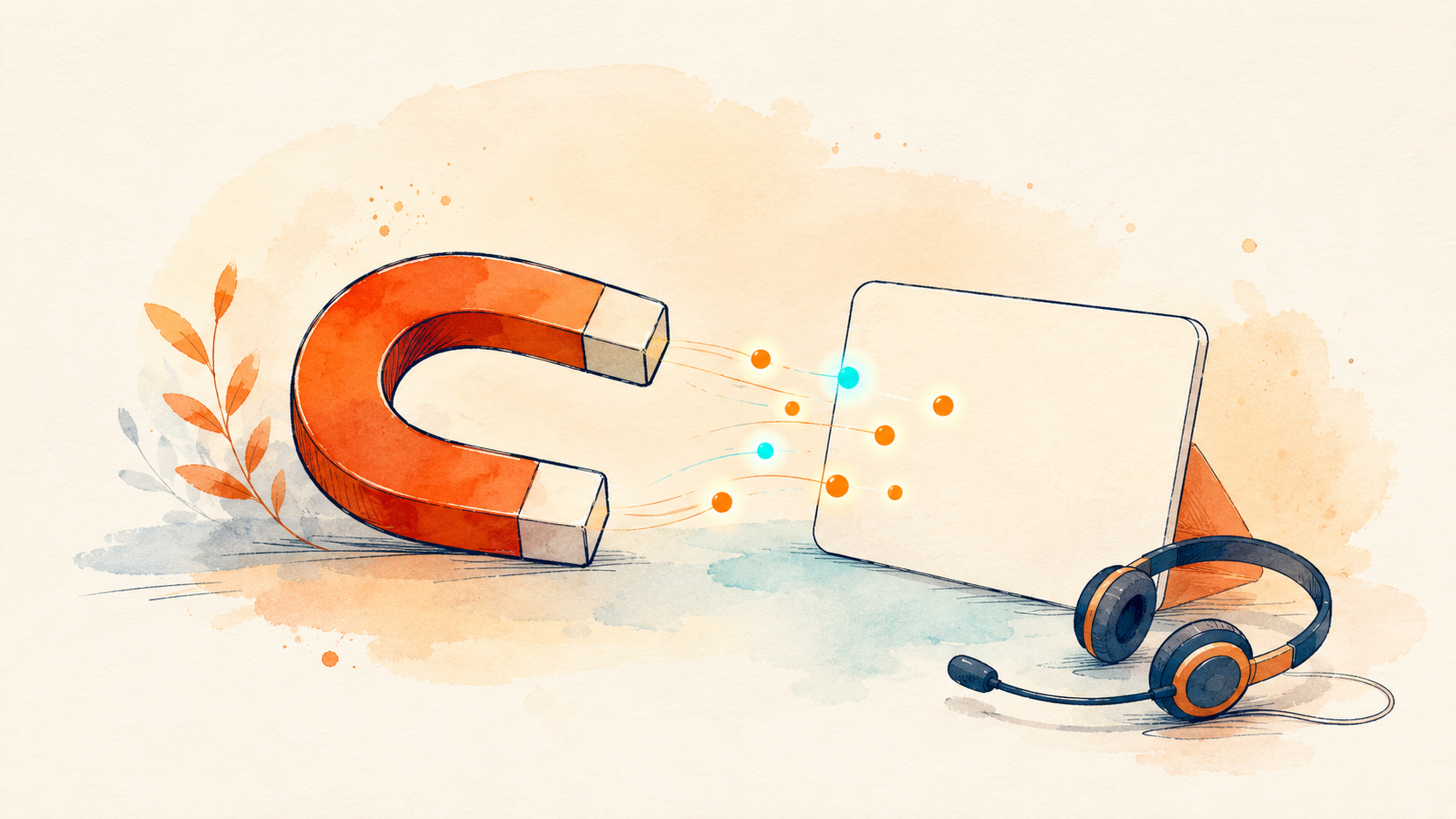 A magnet drawing lead dots toward a contact card, AI sales prospecting