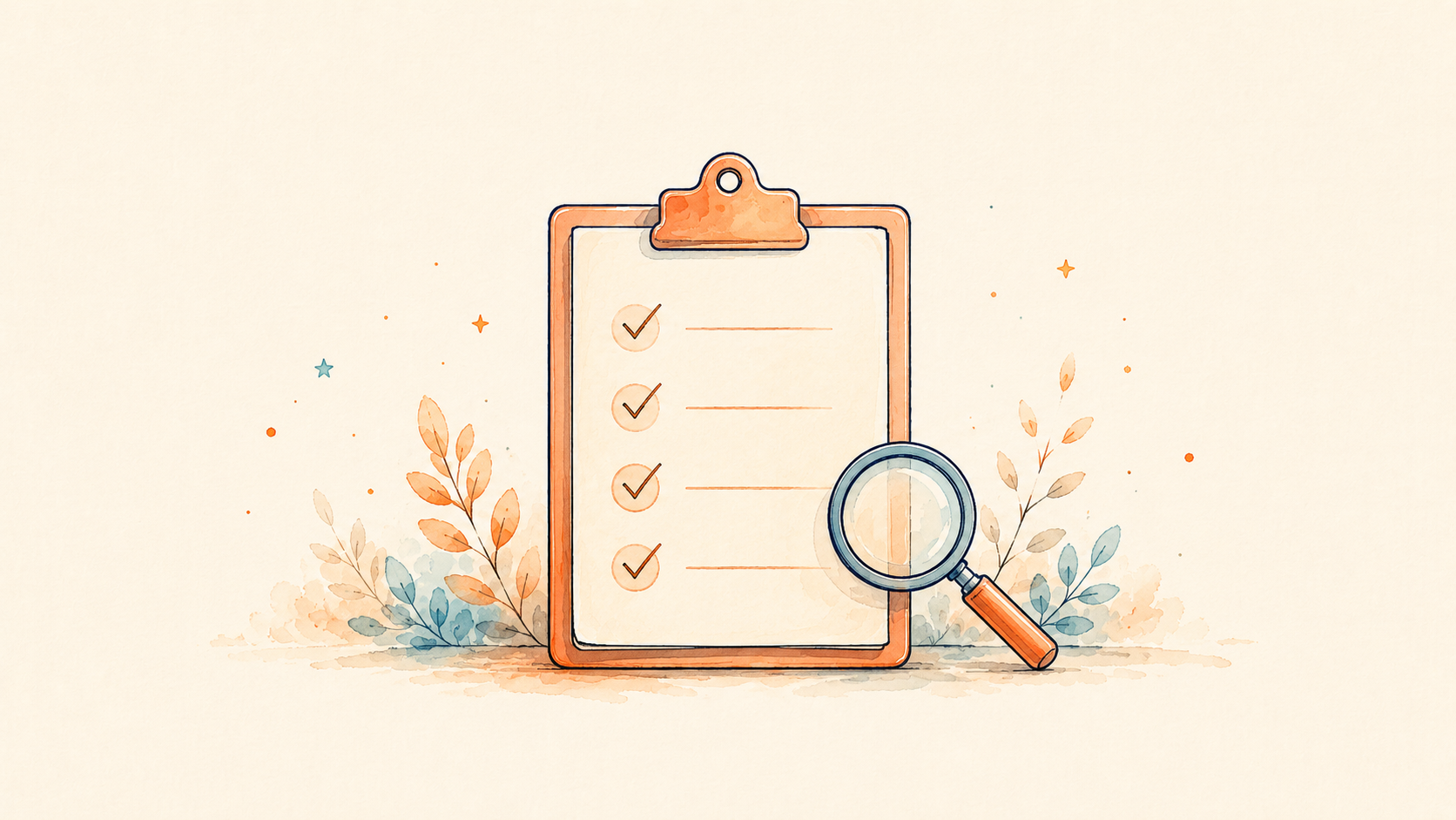 Illustration of a checklist clipboard with checkmarks and a magnifying glass
