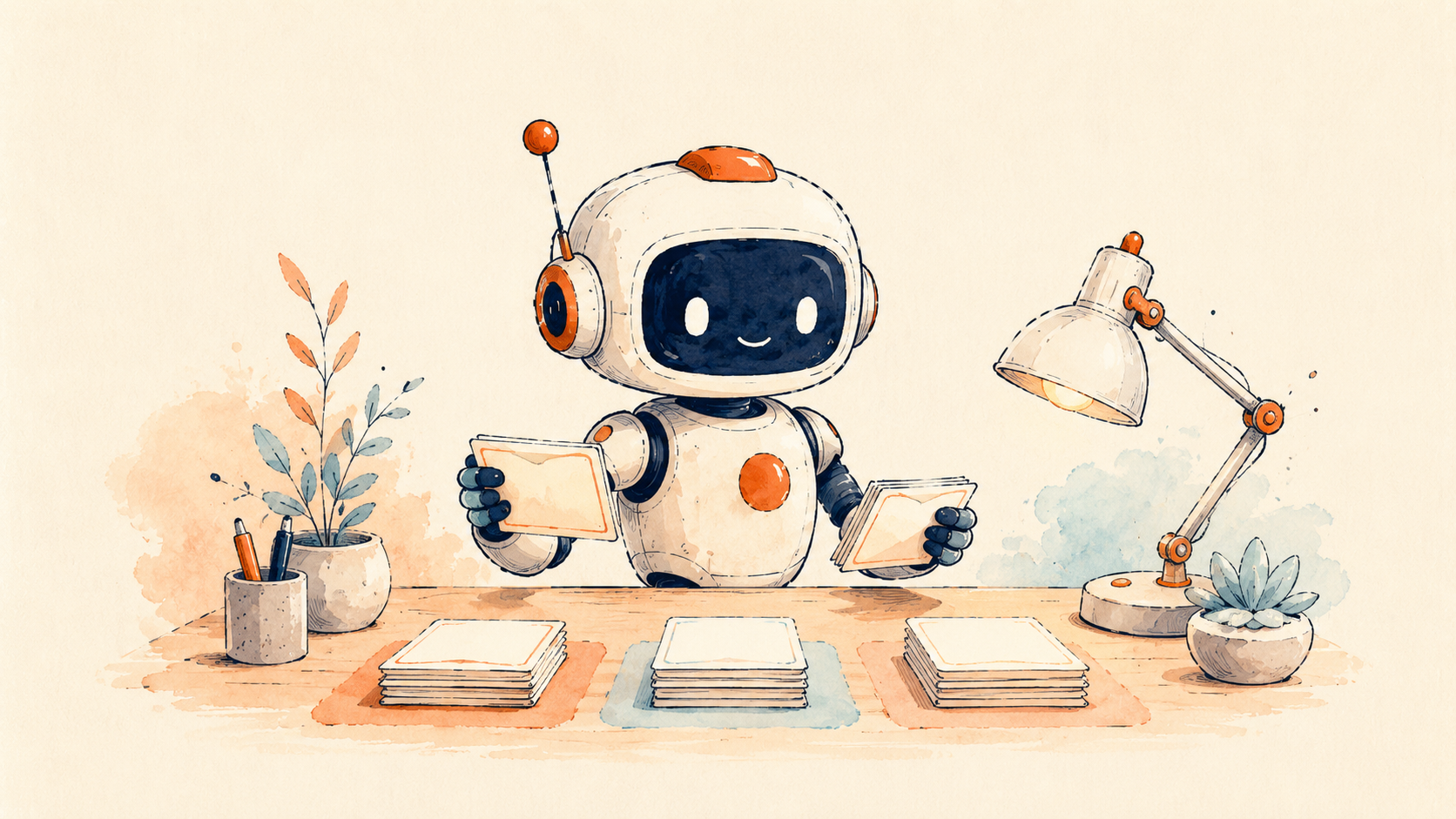 Illustration of a robot at a desk sorting message cards