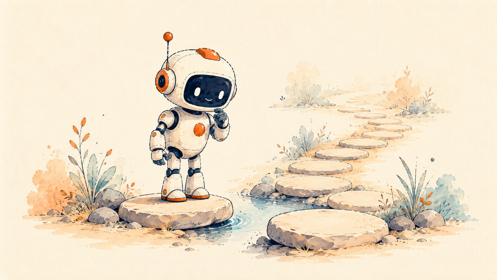 Illustration of a robot pausing at a gap on a winding stepping stone path