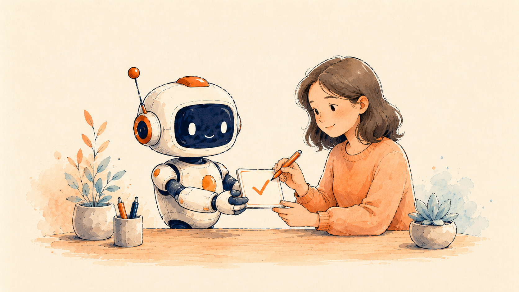 Illustration of a robot handing a document to a person who adds a checkmark