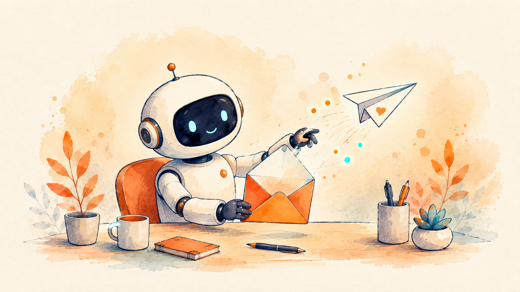 A friendly robot sending a paper airplane from an envelope, cold email outreach