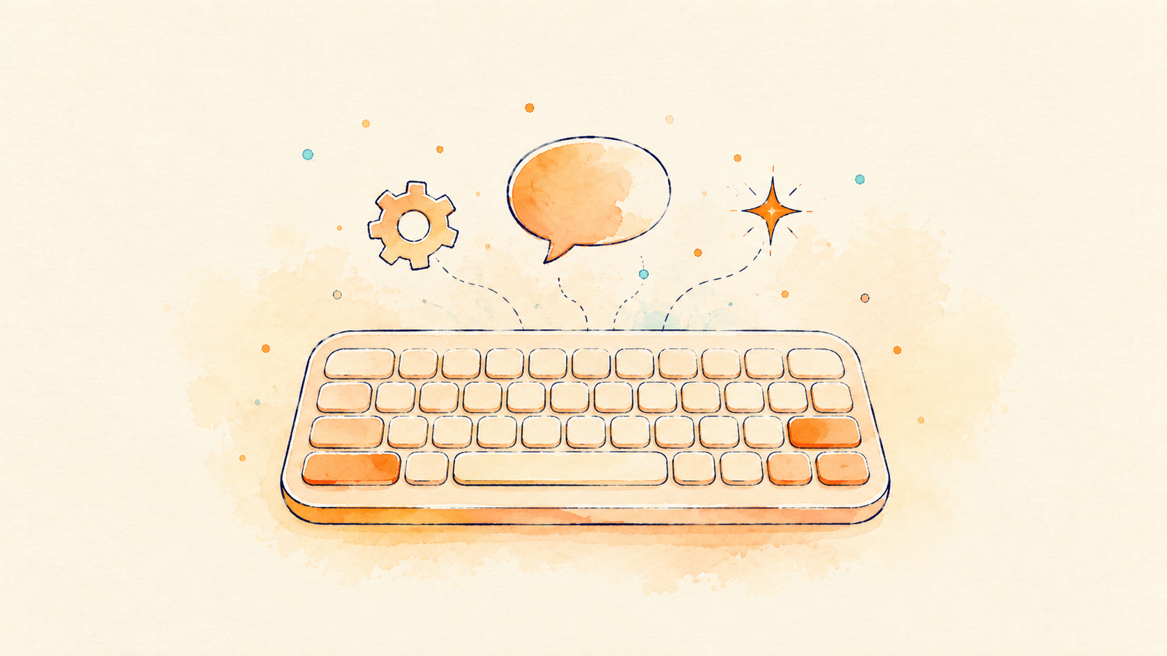 Illustration of a speech bubble, gear, and spark above a keyboard
