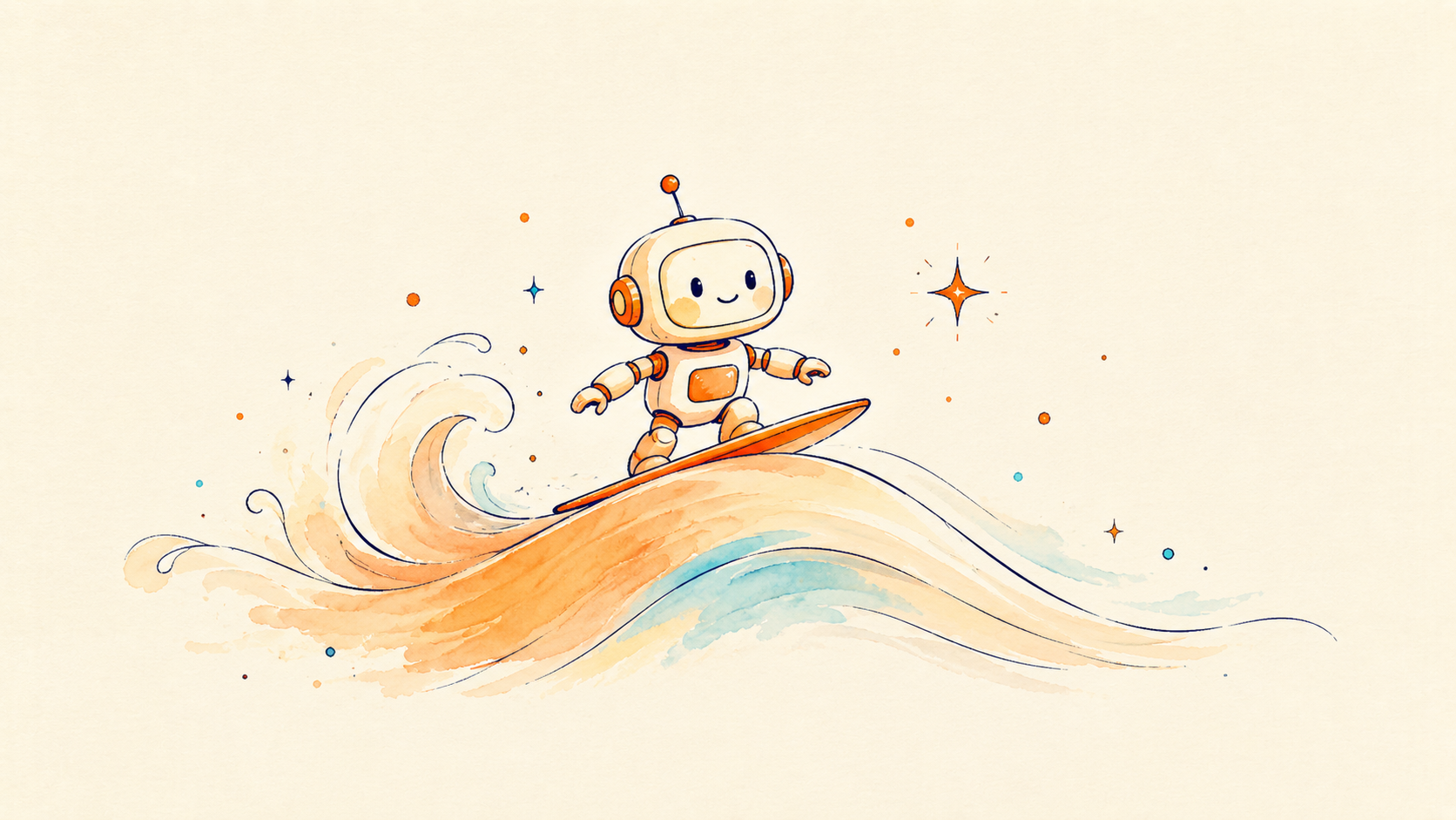 Illustration of a friendly robot riding the crest of a gentle wave