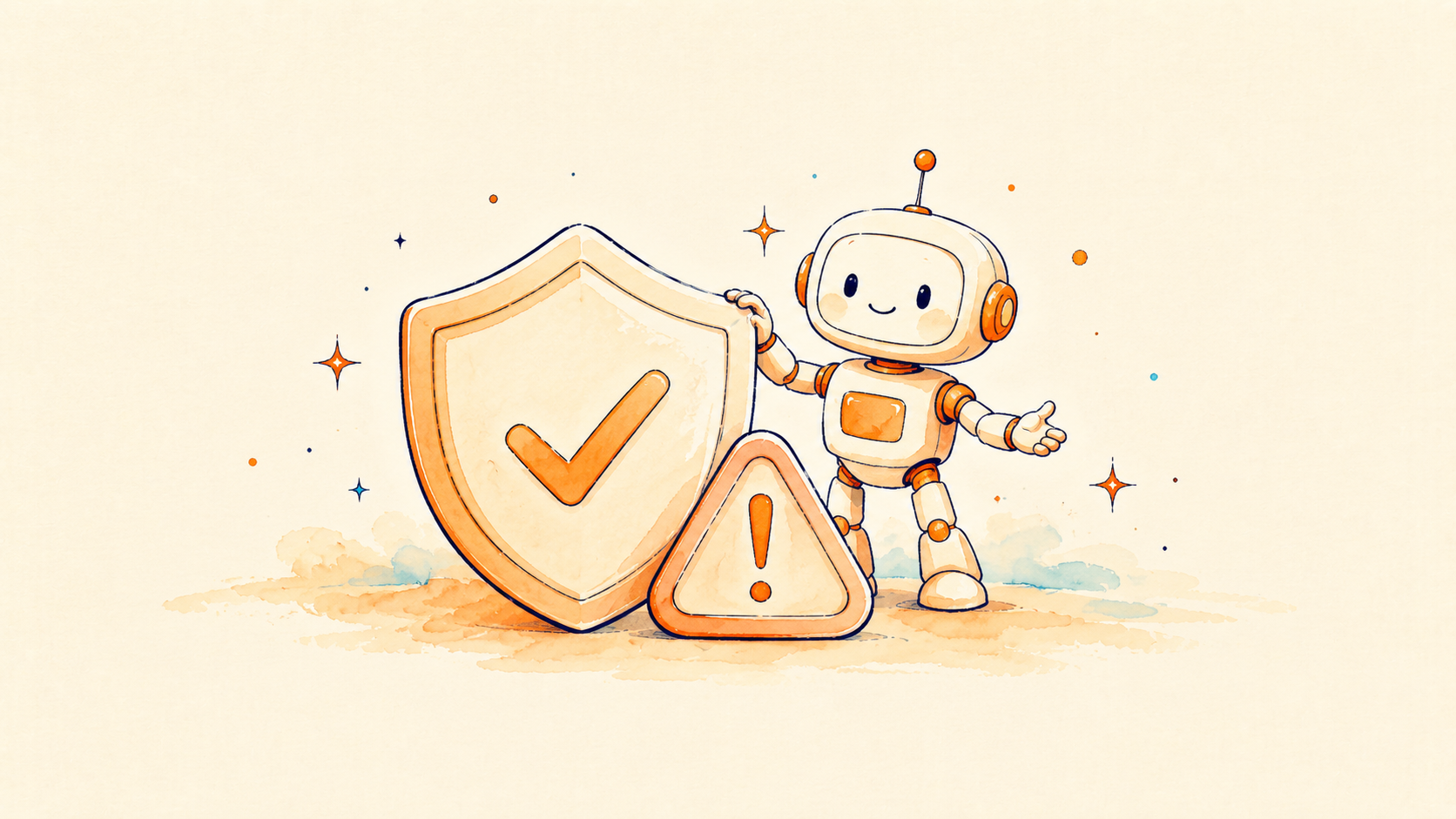 Illustration of a shield and friendly robot beside a gentle warning triangle