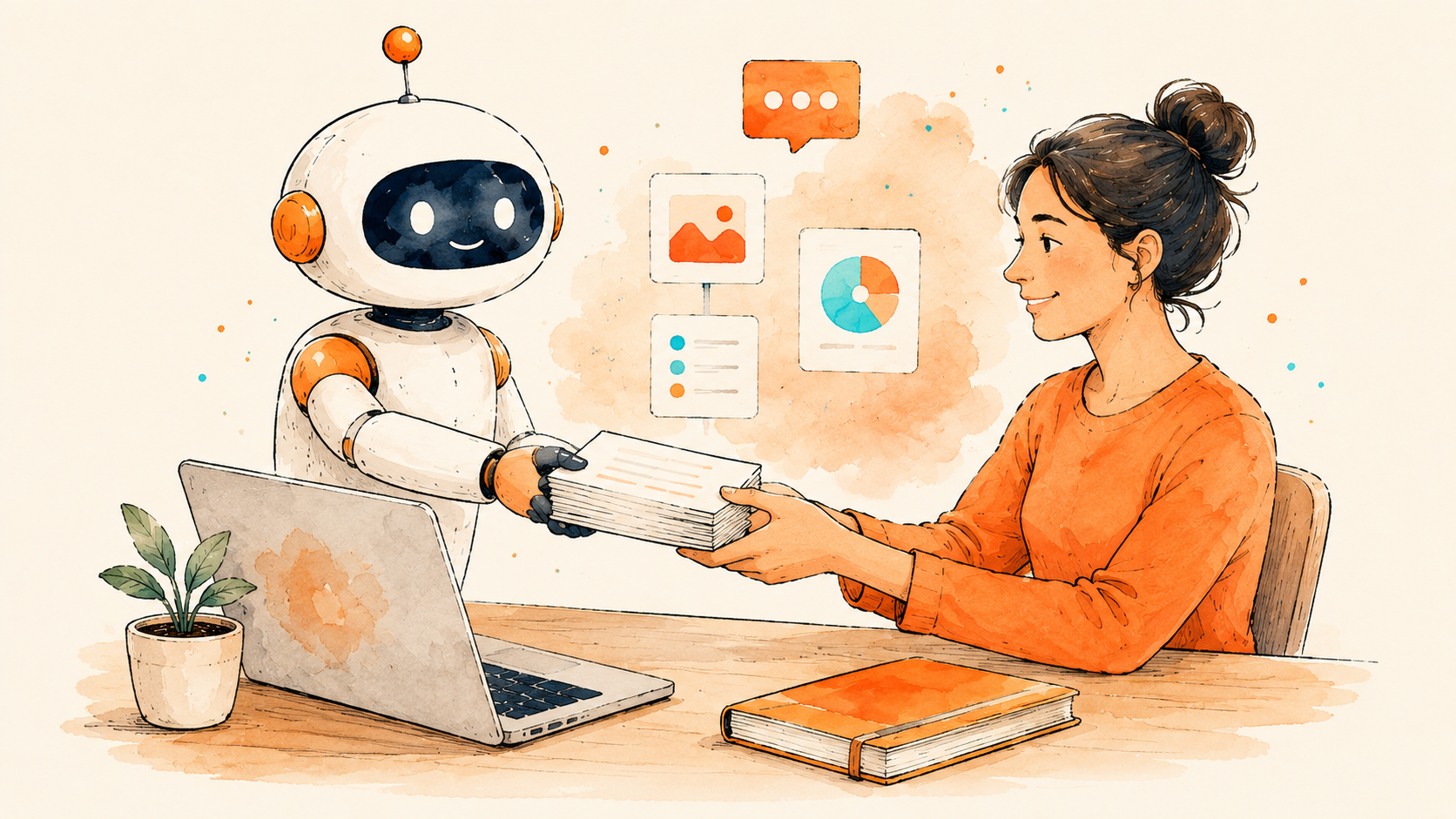 A friendly robot handing draft cards to a person at a tidy desk with floating app tiles