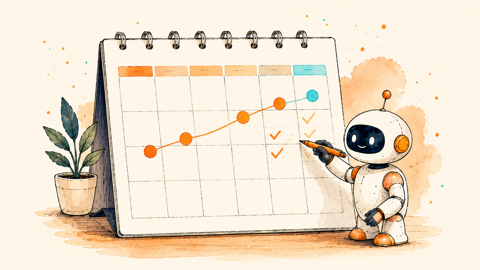A soft weekly planner with milestone dots and a friendly robot adding checkmarks