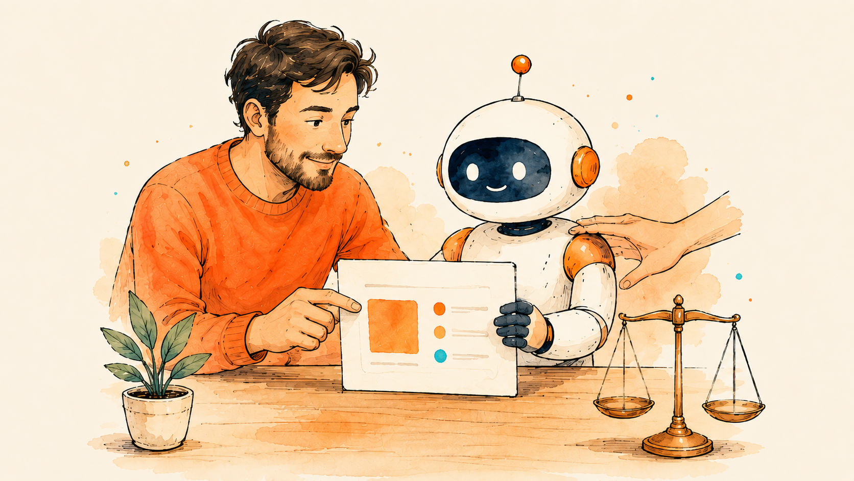 A person and a friendly robot reviewing a document together with a small balance scale