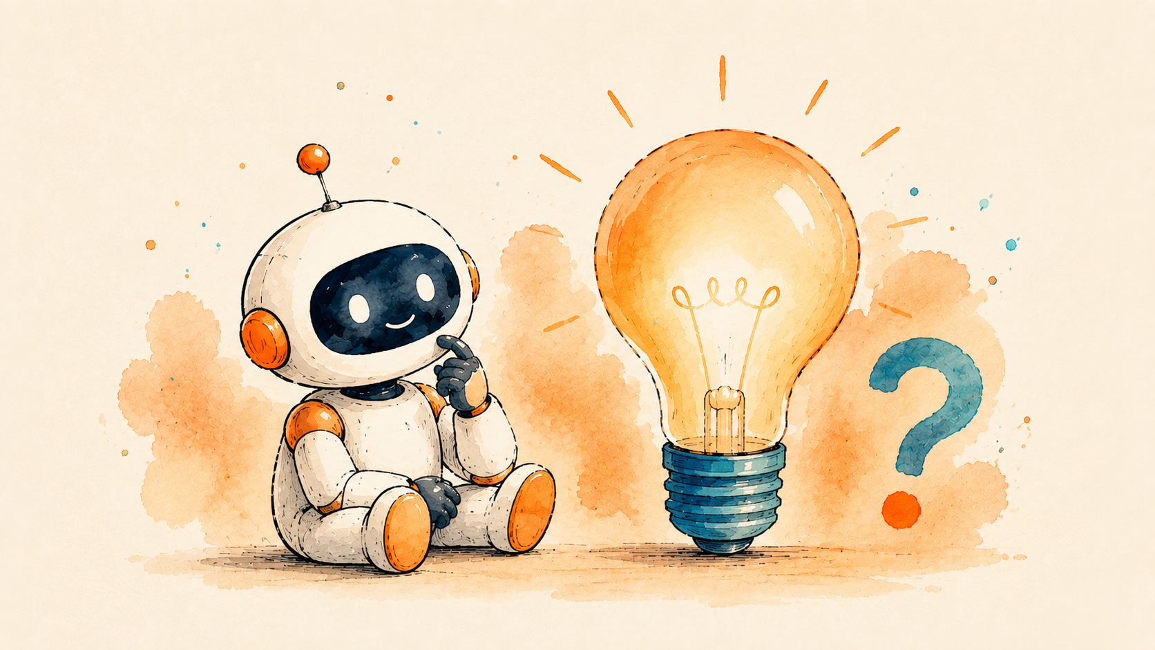 A friendly robot beside a soft glowing lightbulb and a small question mark shape
