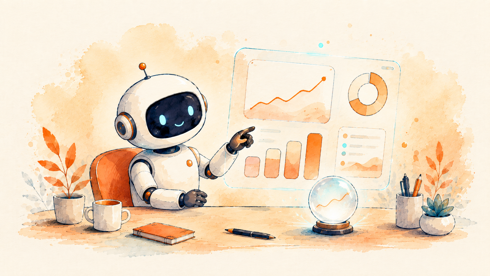 A friendly robot reading a soft forecast dashboard, sales forecasting
