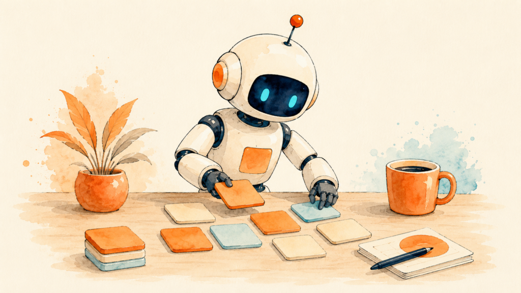 A friendly robot arranging app tiles on a tidy desk beside a coffee cup