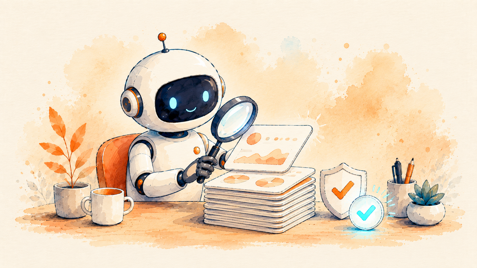 A friendly robot checking a stack of data cards with a shield, vetting a tool before buying