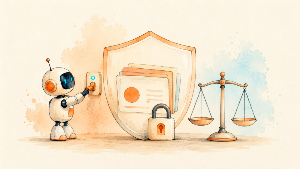 A shield and padlock over data cards with a person flipping a toggle beside a balance scale