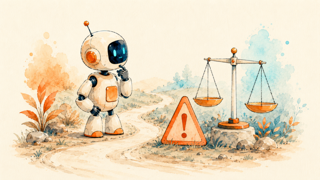 A friendly robot pausing on a winding path beside a warning triangle and a balance scale