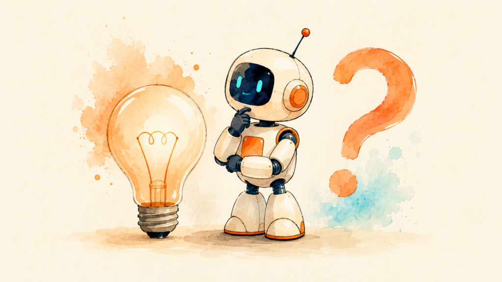 A friendly robot beside a glowing lightbulb and a question mark