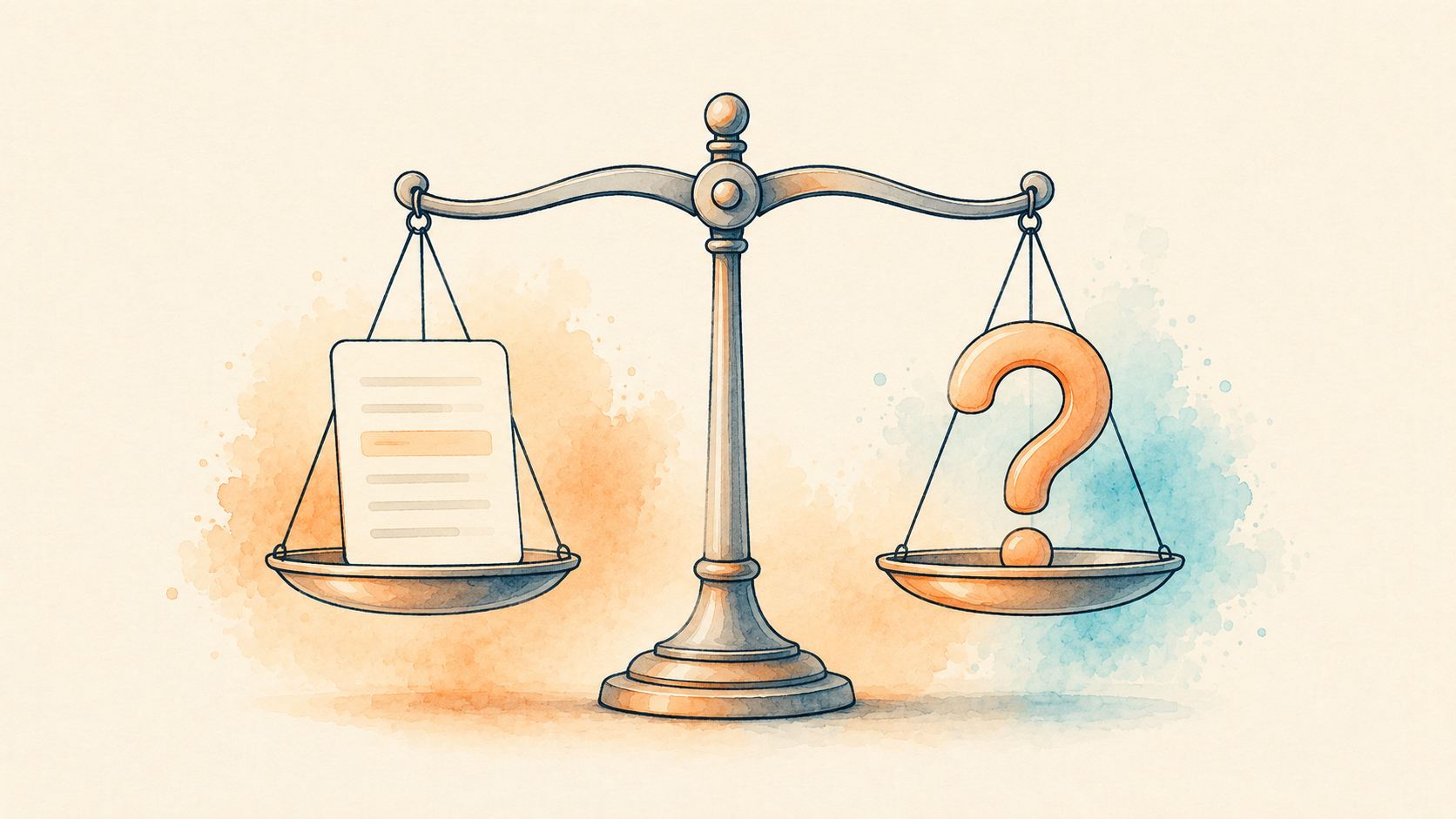 Illustration of a balance scale weighing a document against a question mark
