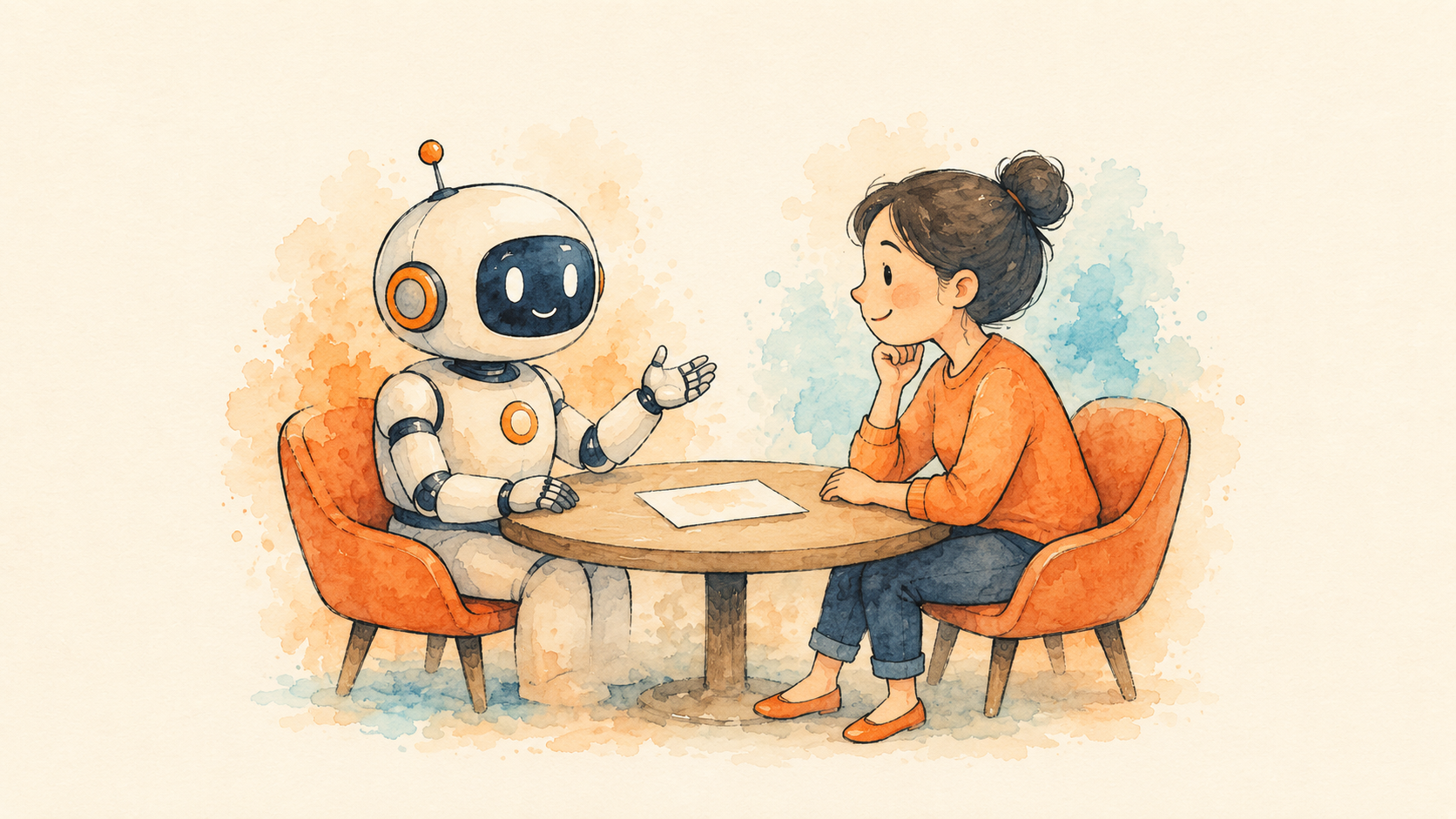 Illustration of a friendly robot and a person talking across a table with a document