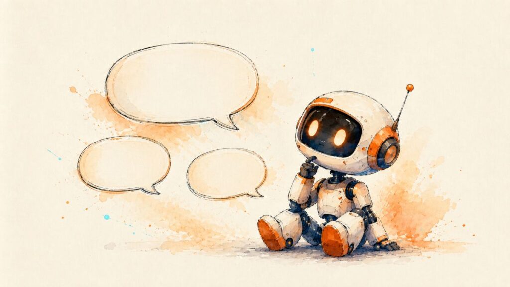 A friendly robot sitting beside three empty speech bubbles