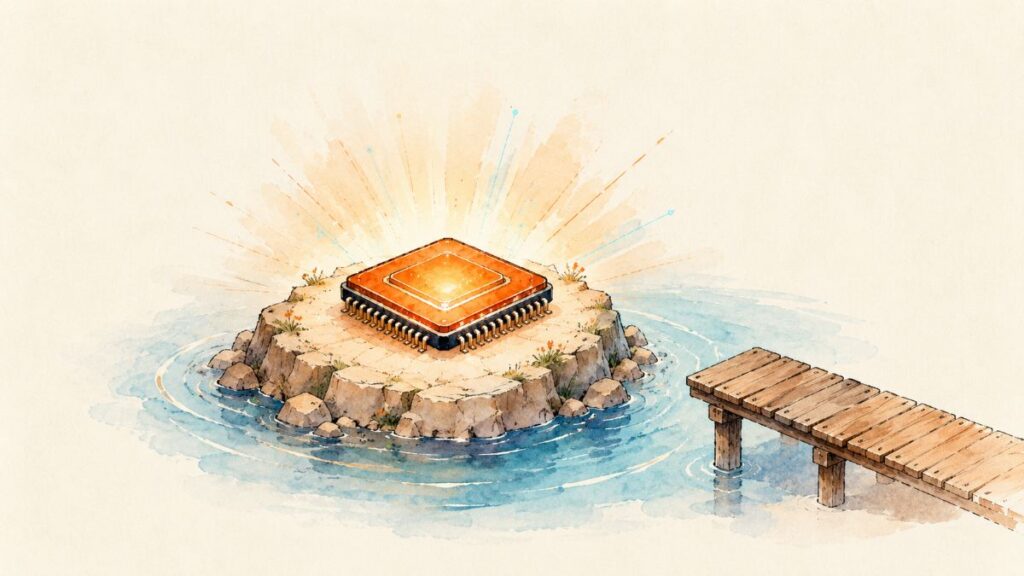 A glowing chip on a small island ringed by water with a plank bridge that stops short