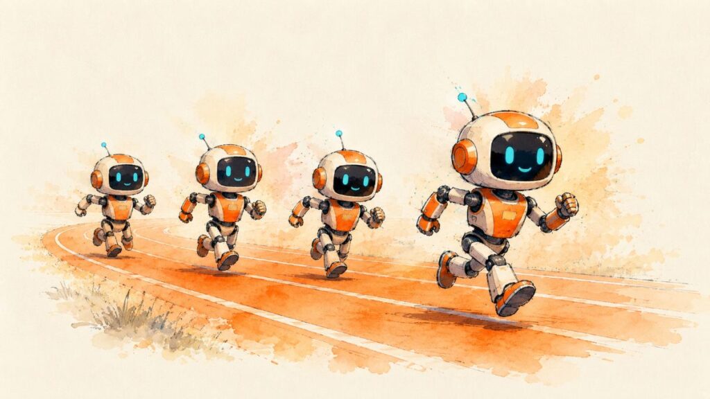 Four friendly robots jogging on a track with one in the lead