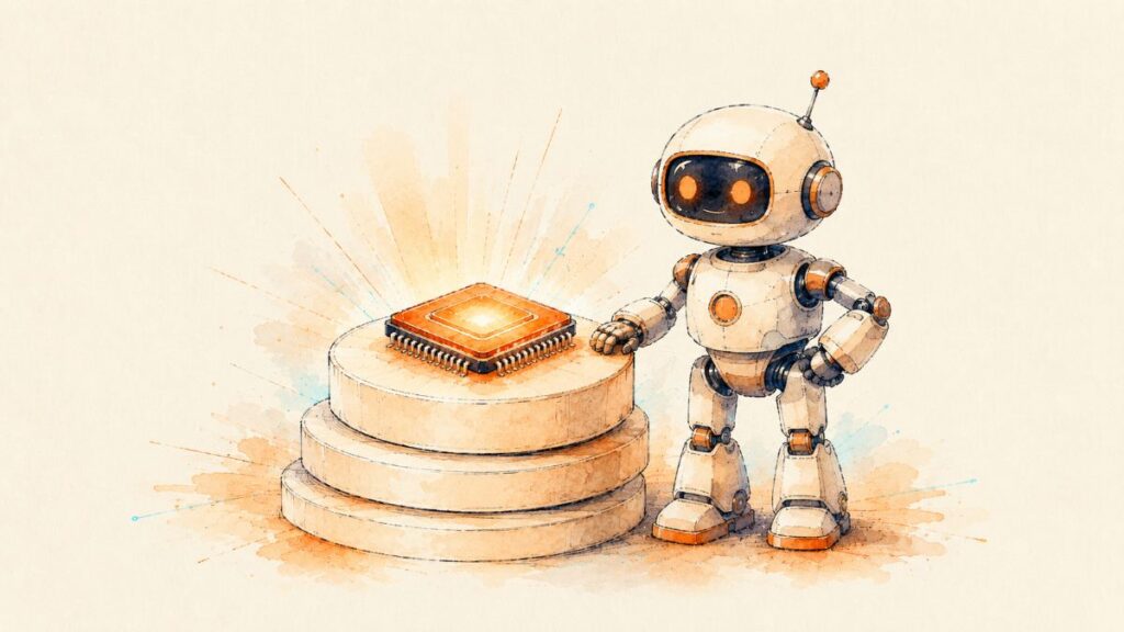 A stack of rounded slabs with a glowing chip on top and a friendly robot resting a hand on it