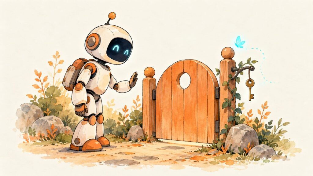 A friendly robot pausing at a small gate before going through
