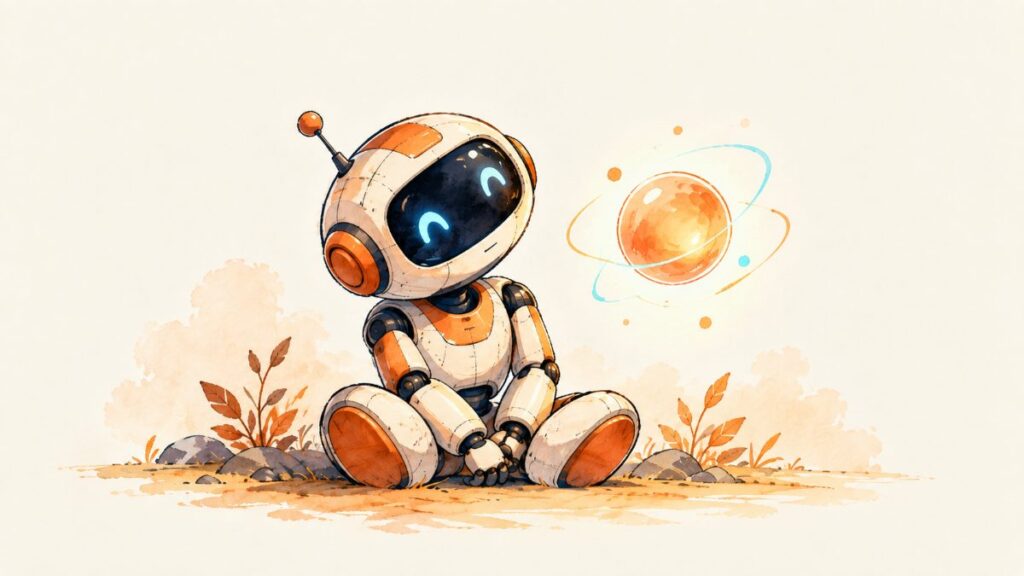 A friendly robot sitting beside a small glowing orb