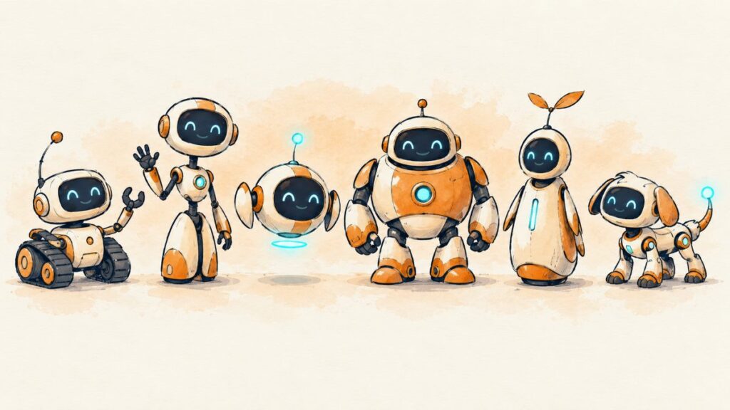 Six friendly robot helpers lined up side by side