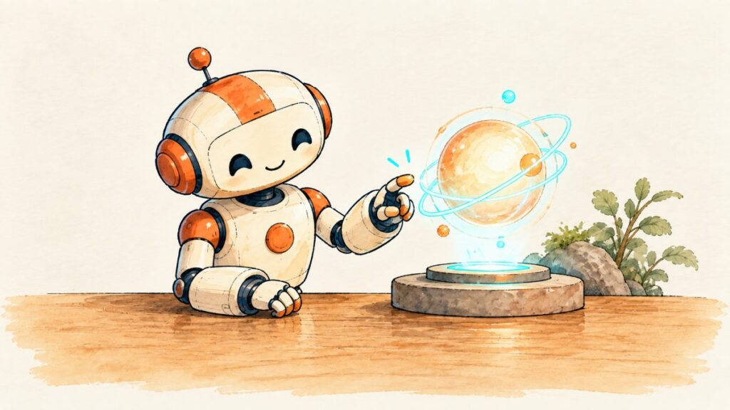 Friendly robot pointing at a softly glowing orb with rings