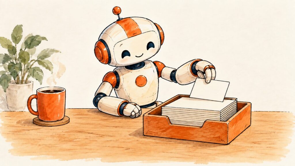 Friendly robot lifting a paper card from a tidy in tray beside a mug