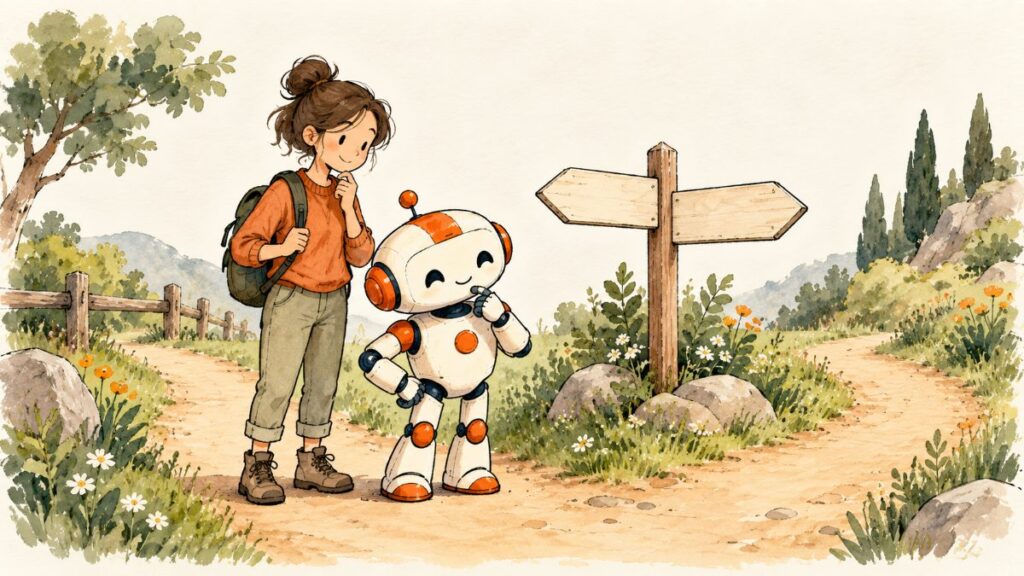 Friendly robot and a person pausing at a fork in a path with a blank signpost