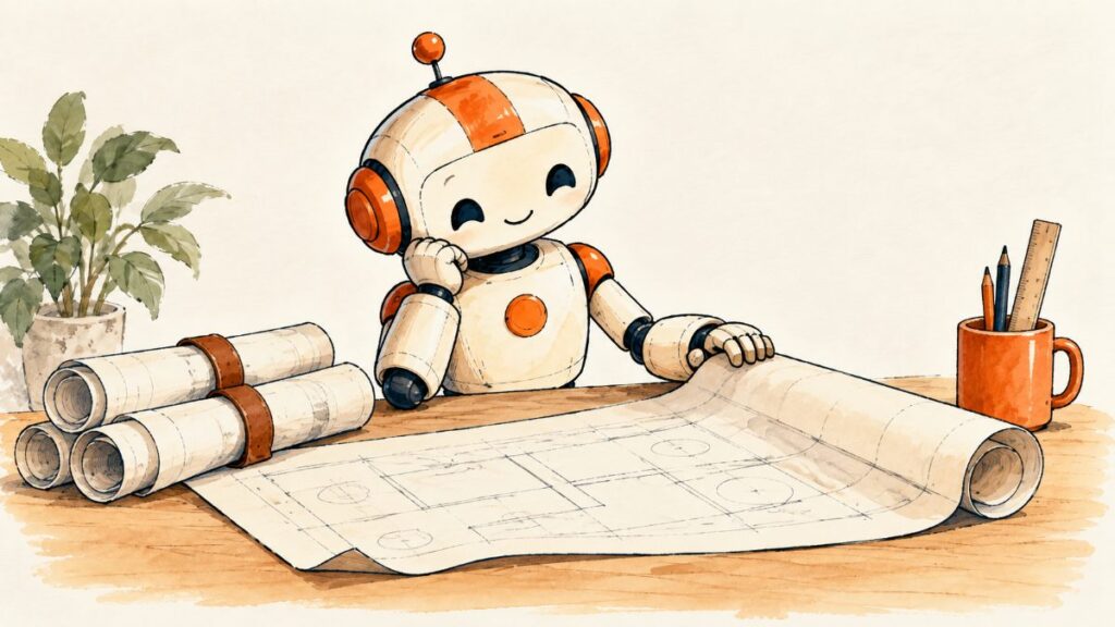 Friendly robot beside rolled up blueprints with one sheet unrolled on a desk